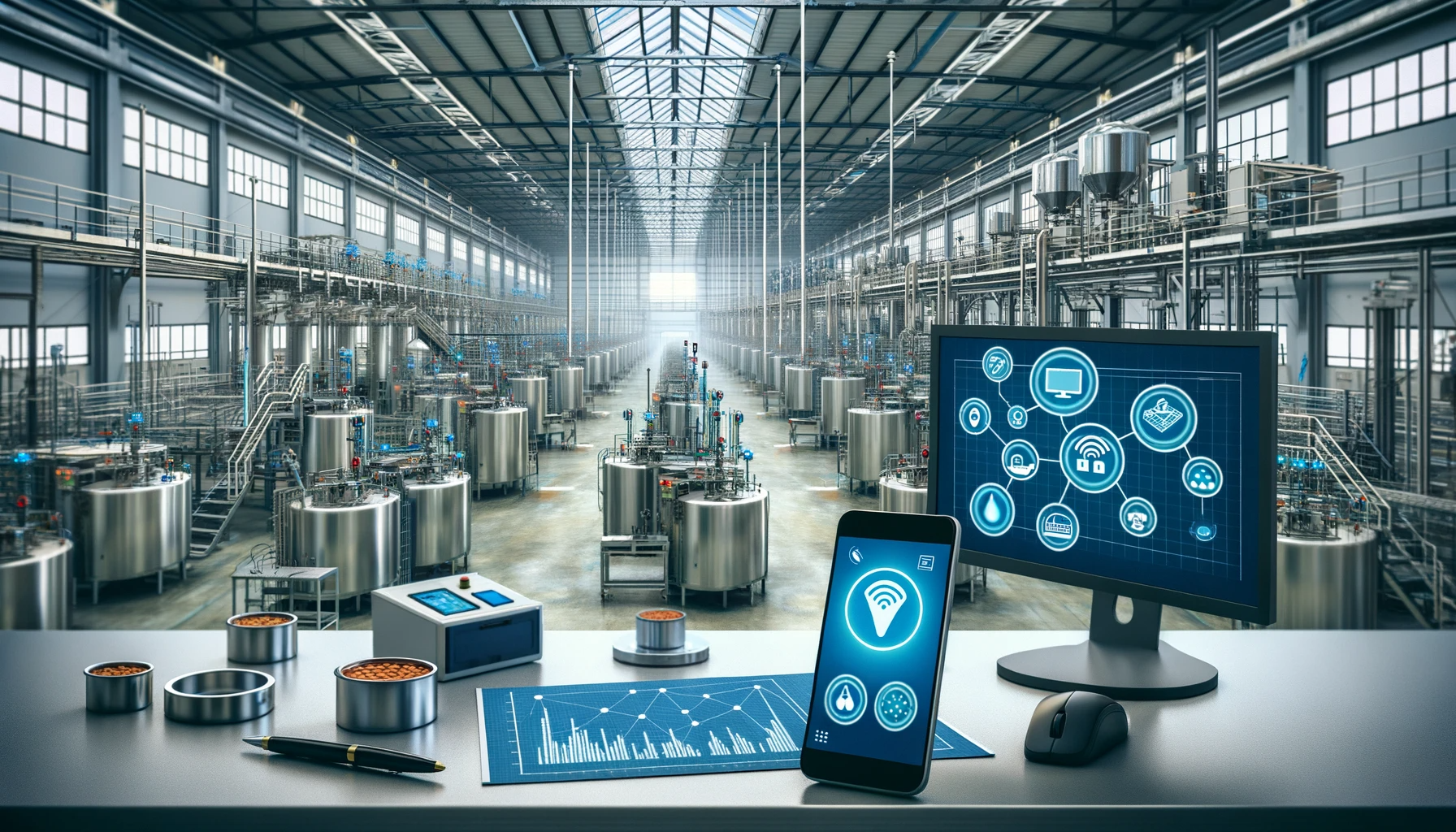 DALL·E 2023-10-25 08.58.13 - Photo of a vast industrial food manufacturing hall serving as the backdrop. In the foreground, a smartphone displays an app, symbolising food safety.