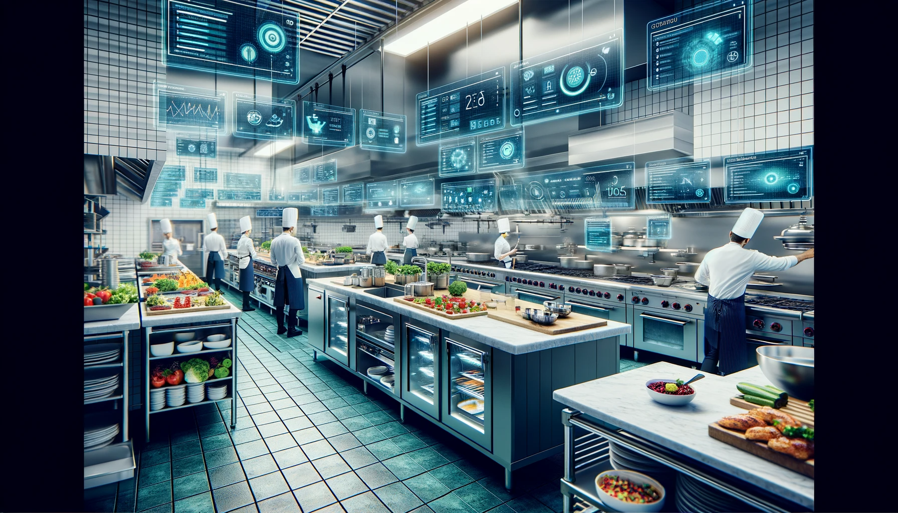 DALL·E 2023-12-12 19.43.02 - A modern, professional kitchen in a hotel or restaurant, showcasing advanced digital food management technology. The kitchen is equipped with digital